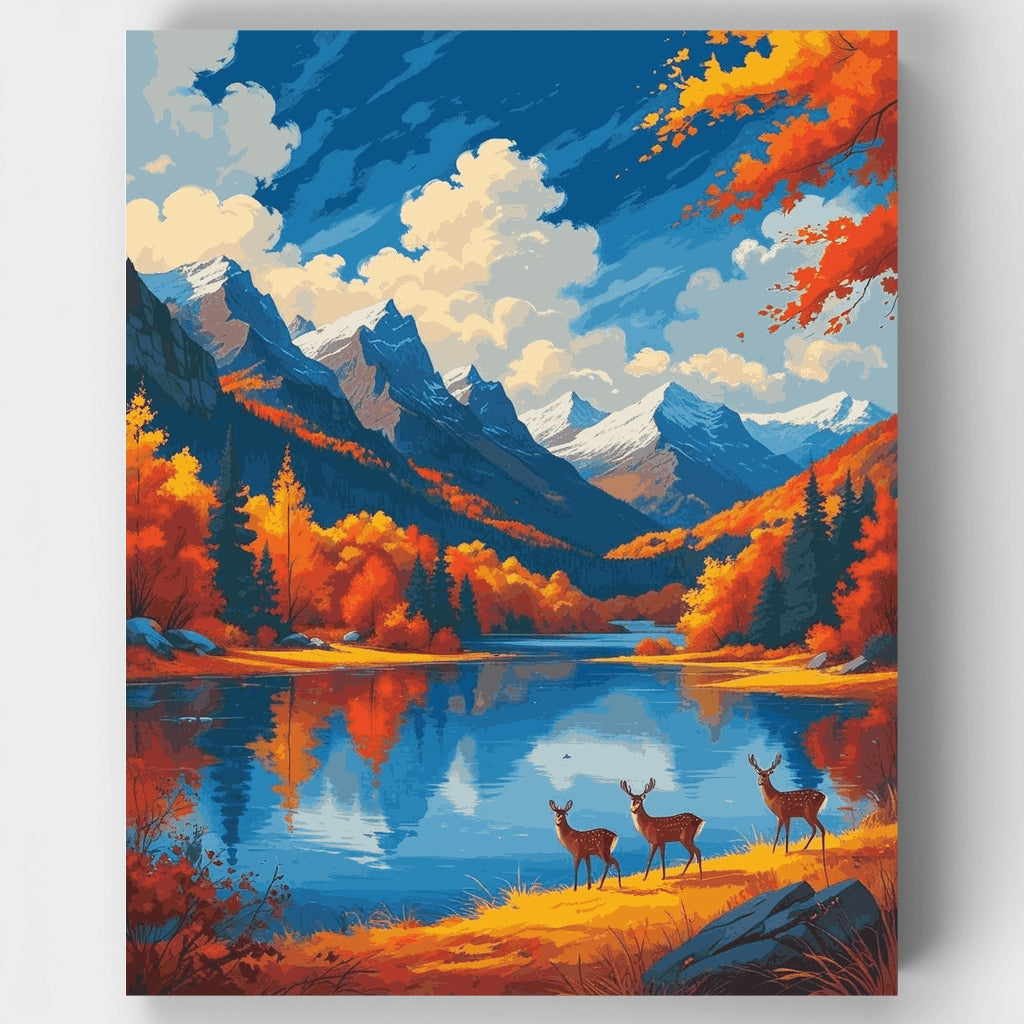 Kit de pintura por números: Lago de otoño con ciervos en el Parque Nacional de los Glaciares — Estándar