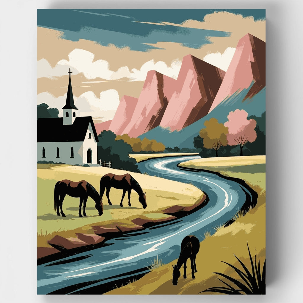 Valle pastoral con iglesia y montañas - Kit de pintura por números — Estándar