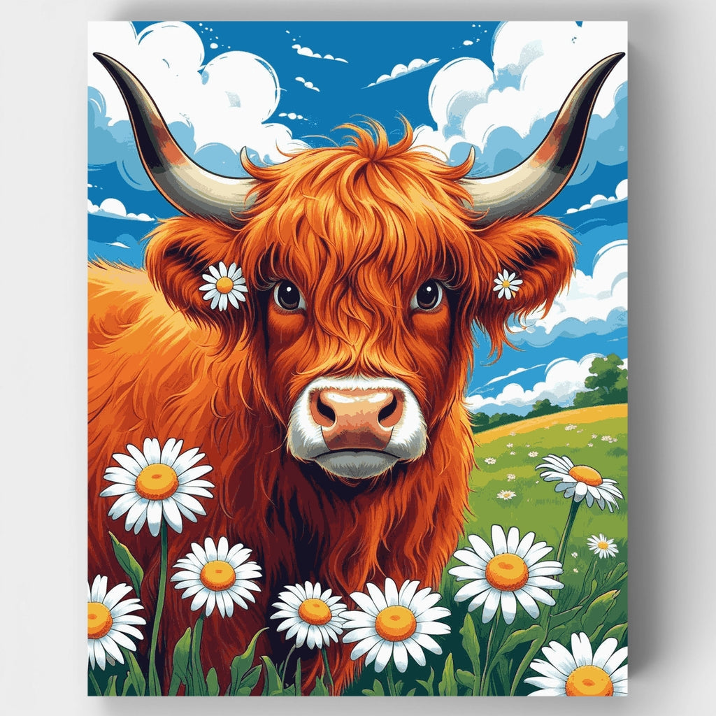 Kit de pintura por números: Vaca de las Tierras Altas con margaritas — Estándar