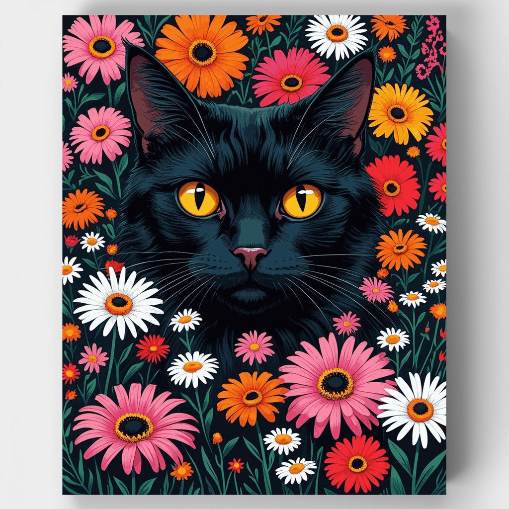 Gato negro entre margaritas de colores - Kit de pintura por números — Estándar