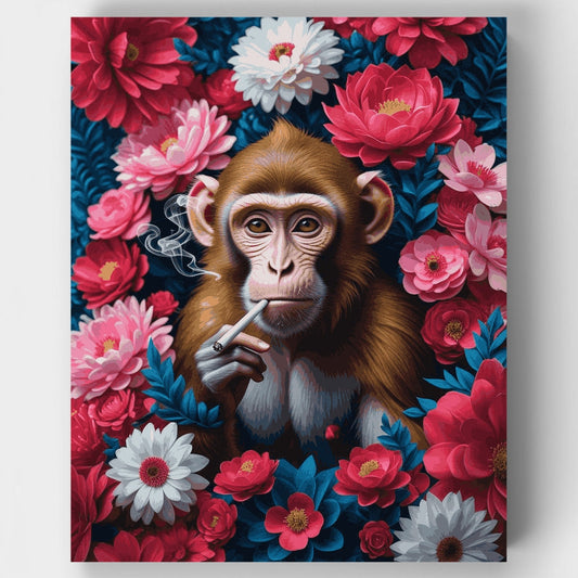 Smoking Monkey with Flowers - Paint by Numbers Kit