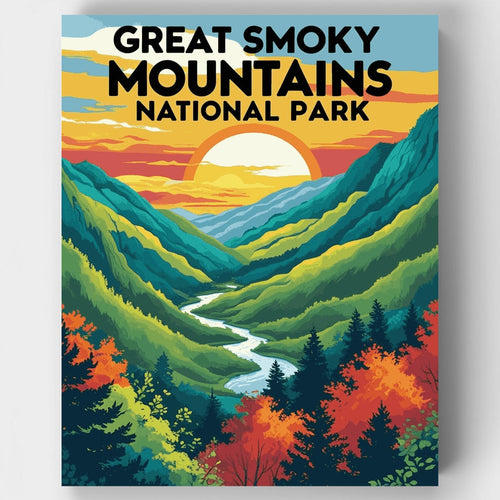 Great Smoky Mountains National Park Autumn River Valley Sunset - Paint by Numbers Kit
