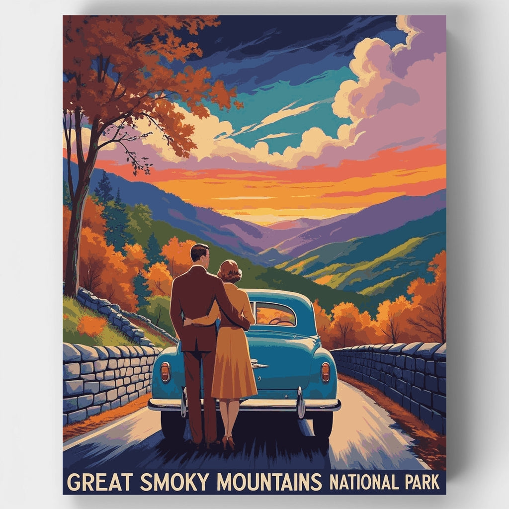 Kit de pintura por números: Pareja en el mirador del Parque Nacional de las Grandes Montañas Humeantes (estilo vintage) — Estándar