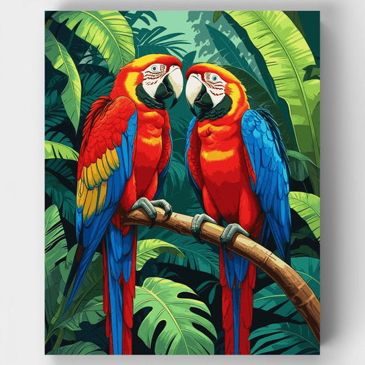 Scarlet Macaws on Branch in Tropical Paradise - Paint by Numbers Kit
