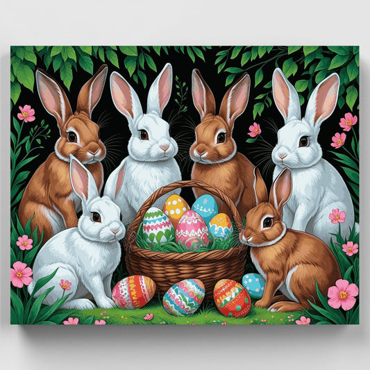 Easter Bunnies with Basket of Colorful Eggs - Paint by Numbers Kit