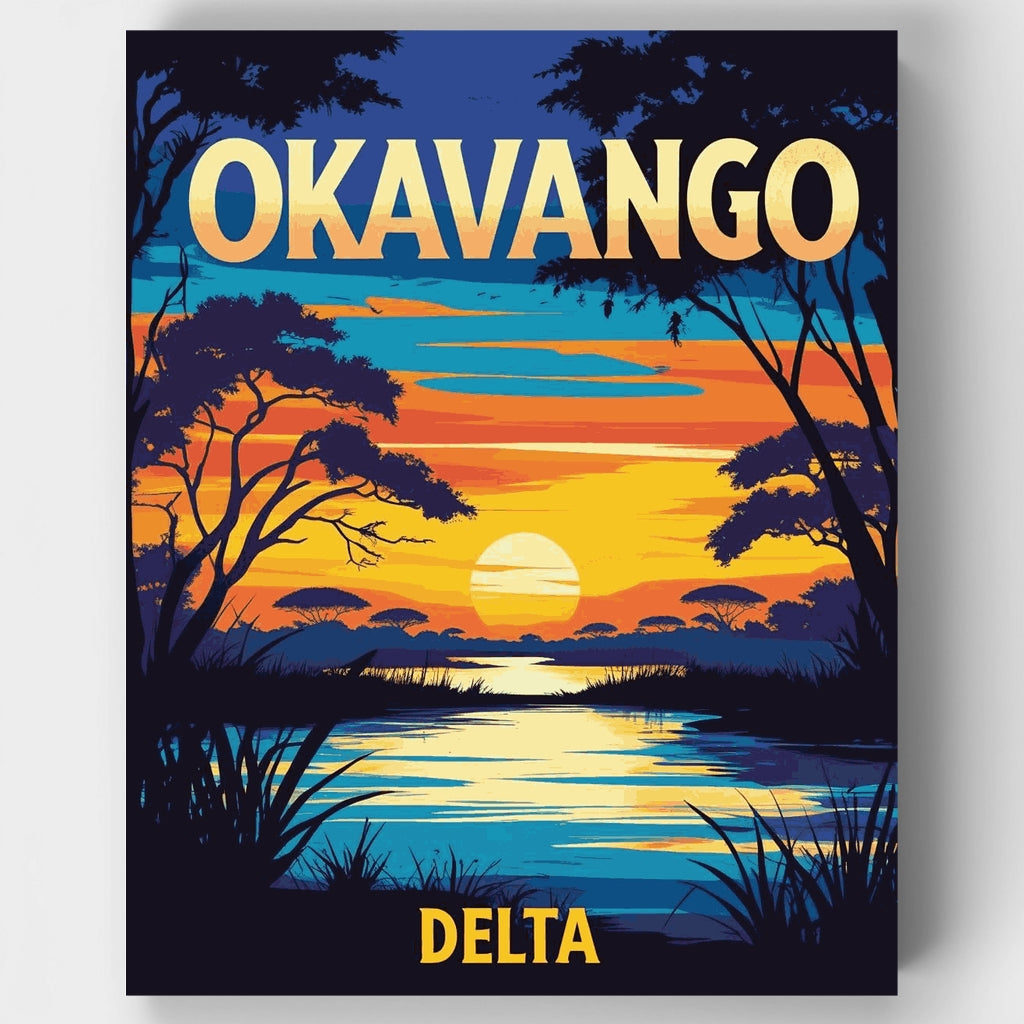Kit de pintura por números: Atardecer en el río en el horizonte llameante del delta del Okavango — Estándar