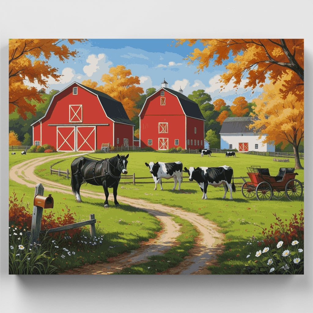Granja de otoño con graneros rojos y vacas - Kit de pintura por números — Estándar