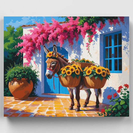 Donkey with Sunflowers in Mediterranean Courtyard - Paint by Numbers Kit