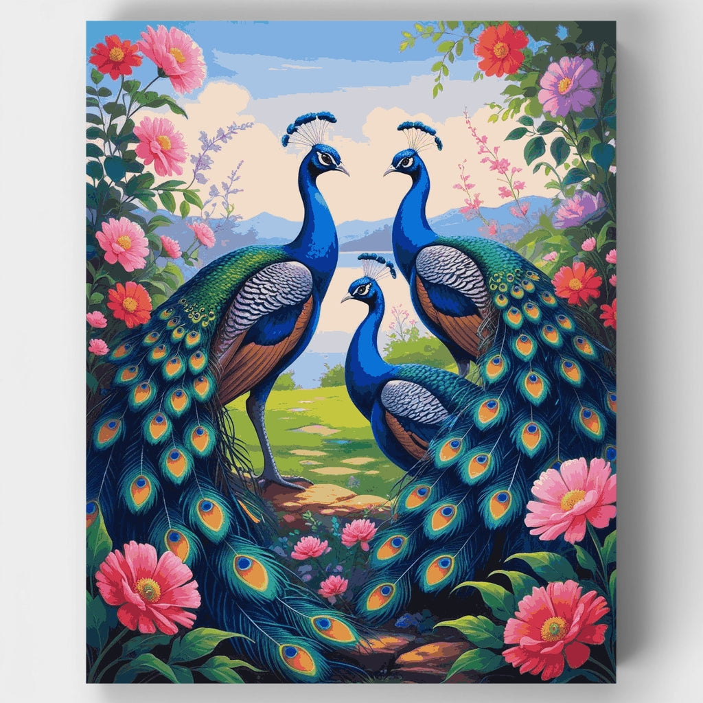 Tres pavos reales majestuosos en un jardín floral vibrante - Kit de pintura por números — Estándar