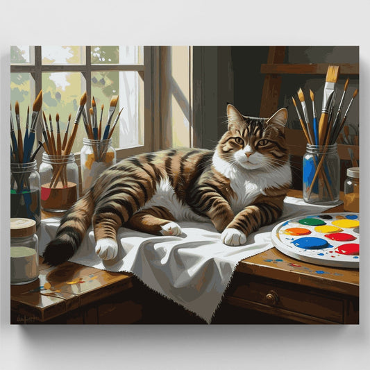 Tabby Cat in Artist's Studio - Paint by Numbers Kit