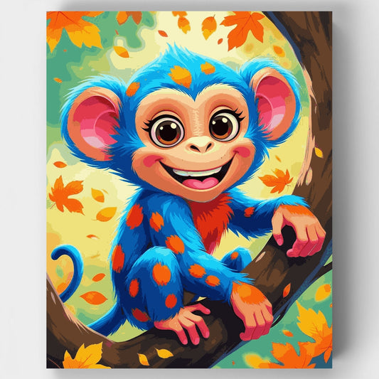 Cheerful Blue Monkey in Autumn Tree - Paint by Numbers Kit