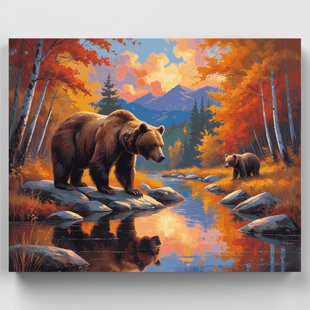 Osos grizzly en un arroyo en otoño - Kit de pintura por números — Estándar