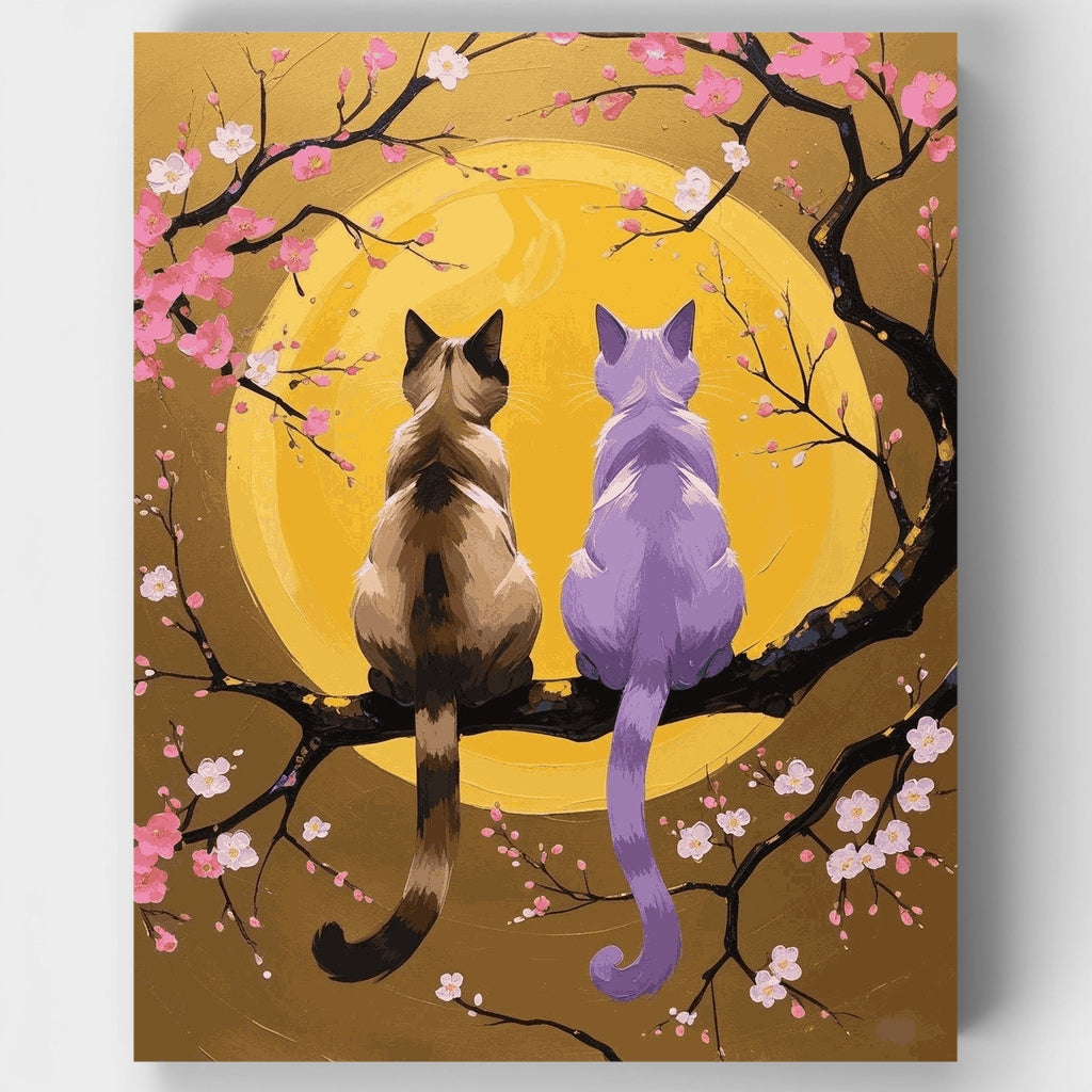 Kit de pintura por números: Dos gatos bajo la luna y los cerezos en flor — Estándar