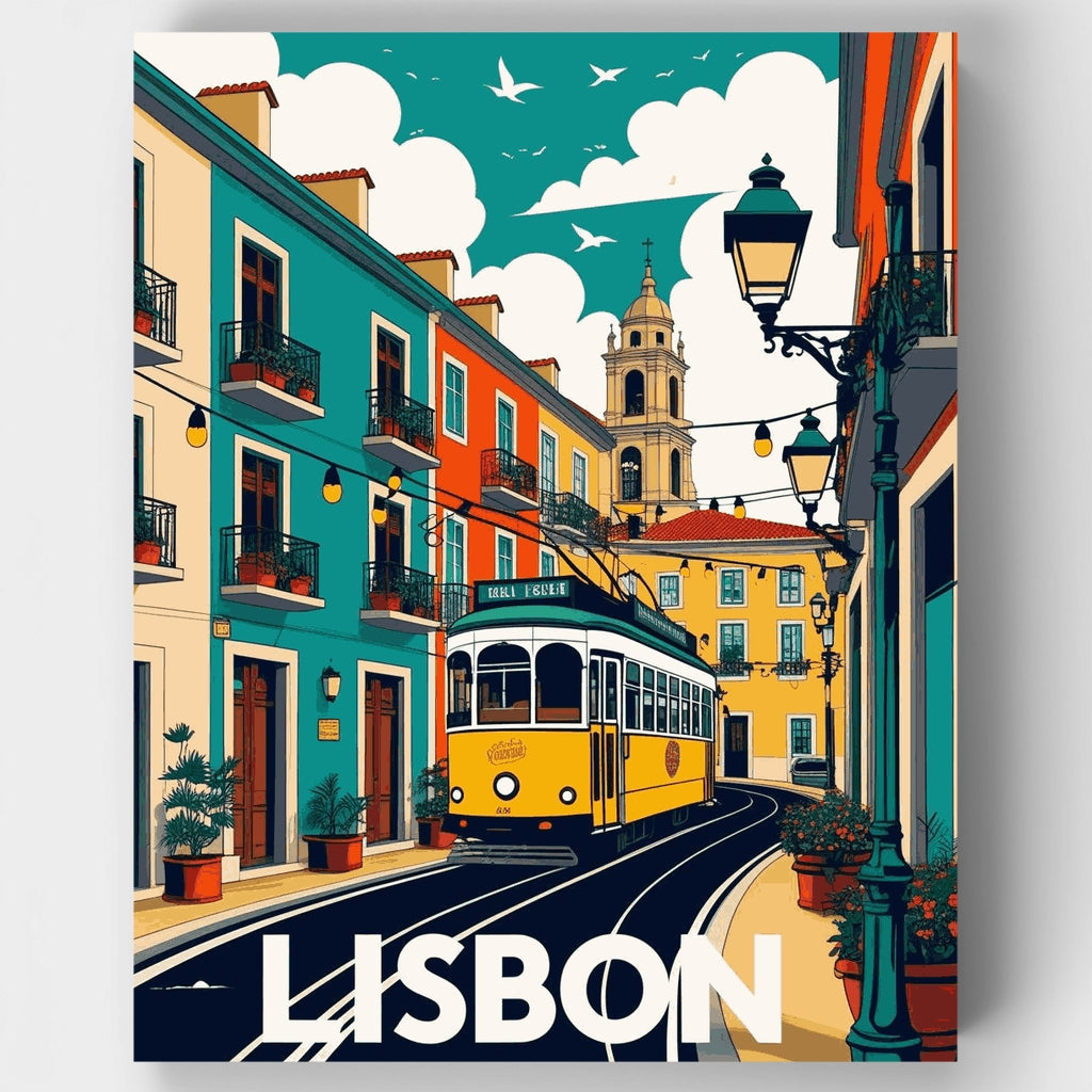 Escena callejera del tranvía vintage de Lisboa: kit de pintura por números — Estándar