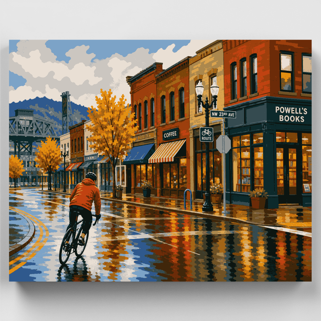 Ciclista bajo la lluvia en Portland - Kit de pintura por números — Estándar