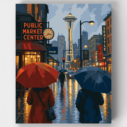 Rainy Seattle Umbrellas - Paint by Numbers Kit