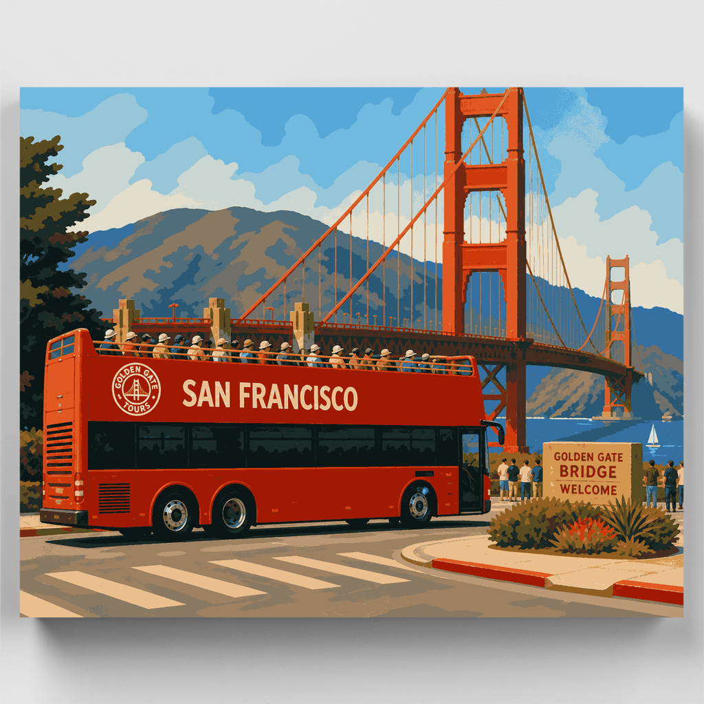 Autobús turístico rojo en el Golden Gate - Kit de pintura por números — Estándar