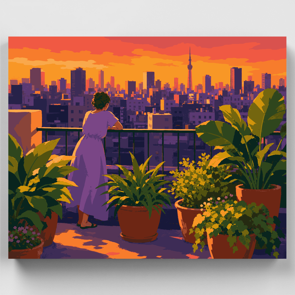 Jardín en la azotea al atardecer - Kit de pintura por números — Estándar