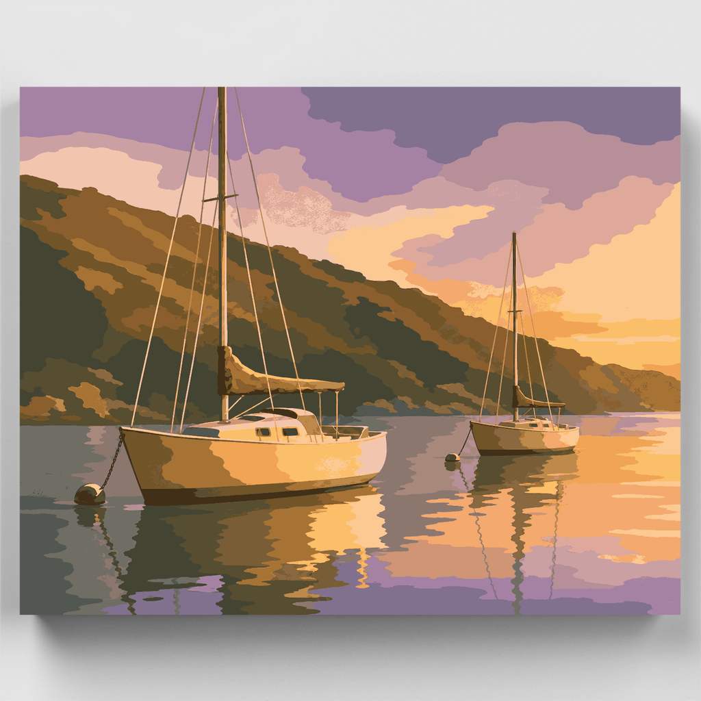 Veleros en el puerto al amanecer - Kit de pintura por números — Estándar