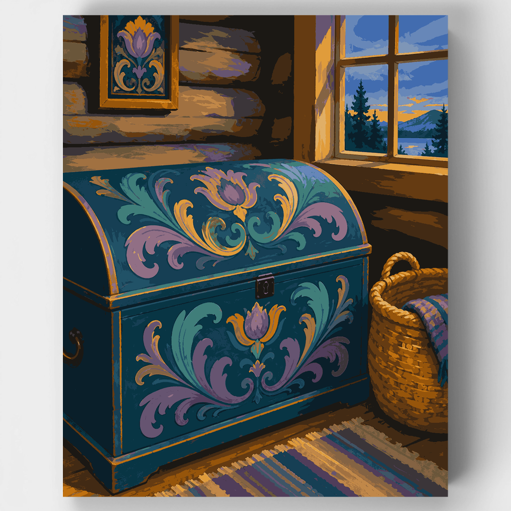 Baúl decorado con estilo Rosemaling escandinavo - Kit de pintura por números — Estándar