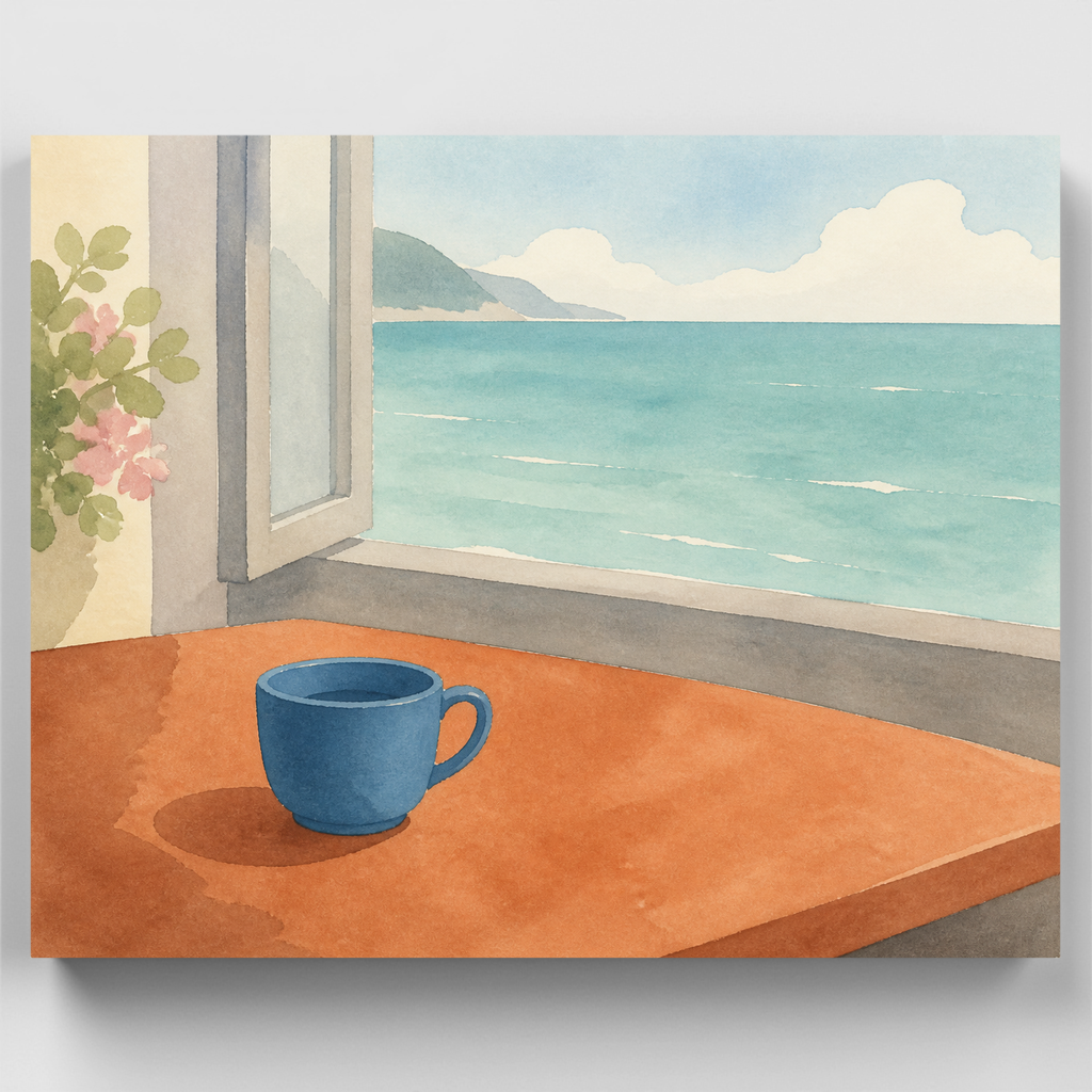 Kit de pintura por números - Taza de café con vista al mar — Estándar