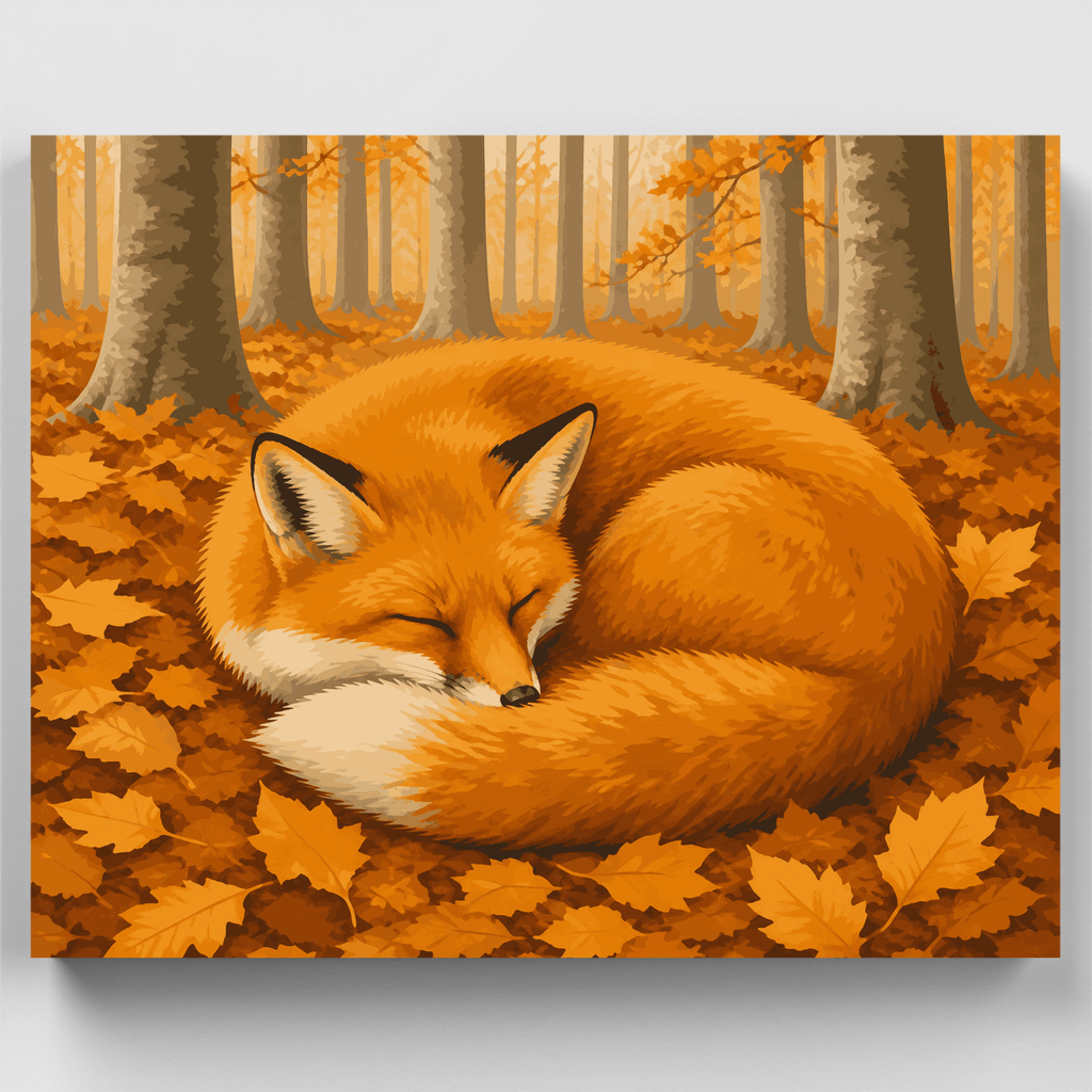 Zorro durmiendo entre hojas de otoño - Kit de pintura por números — Estándar