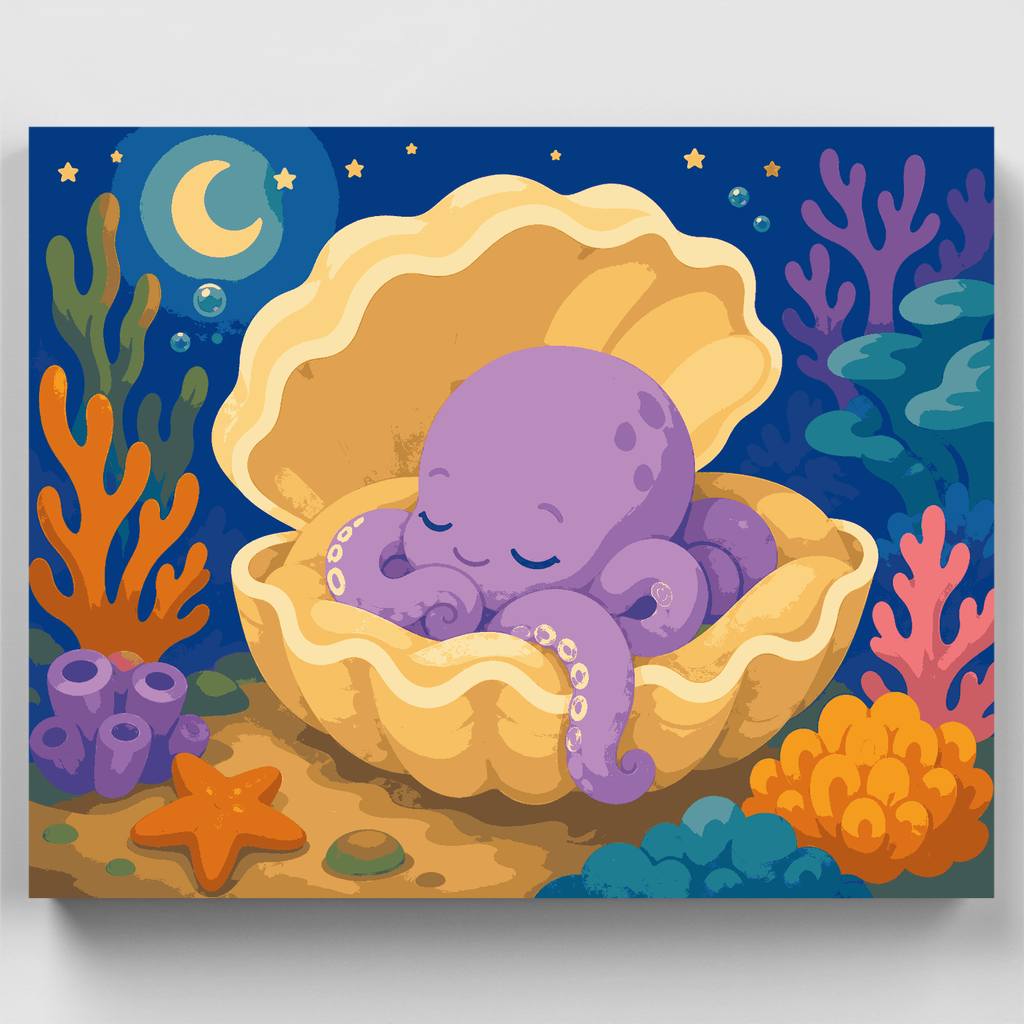 Kit de pintura por números: Pulpo en concha de almeja soñoliento — Estándar