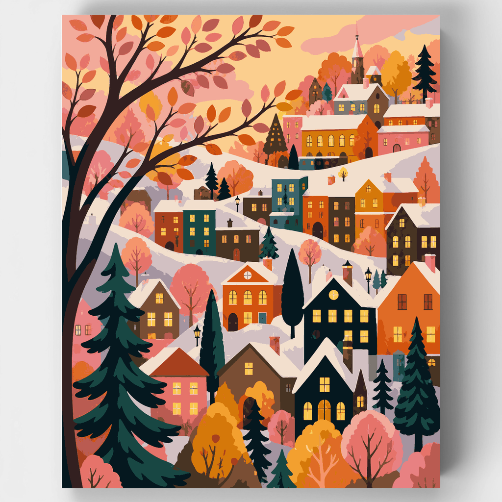 Pueblo en la ladera nevada - Kit de pintura por números — Estándar