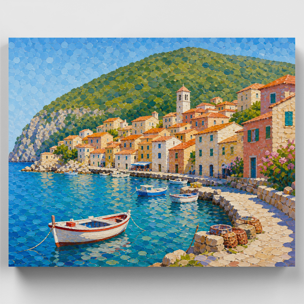 Puerto pesquero iluminado por el sol - Kit de pintura por números — Estándar