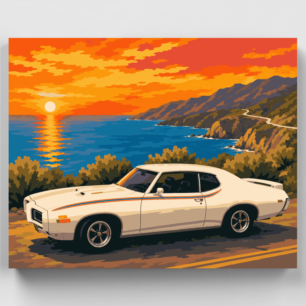 Kit de pintura por números: Coche deportivo en la costa al atardecer — Estándar