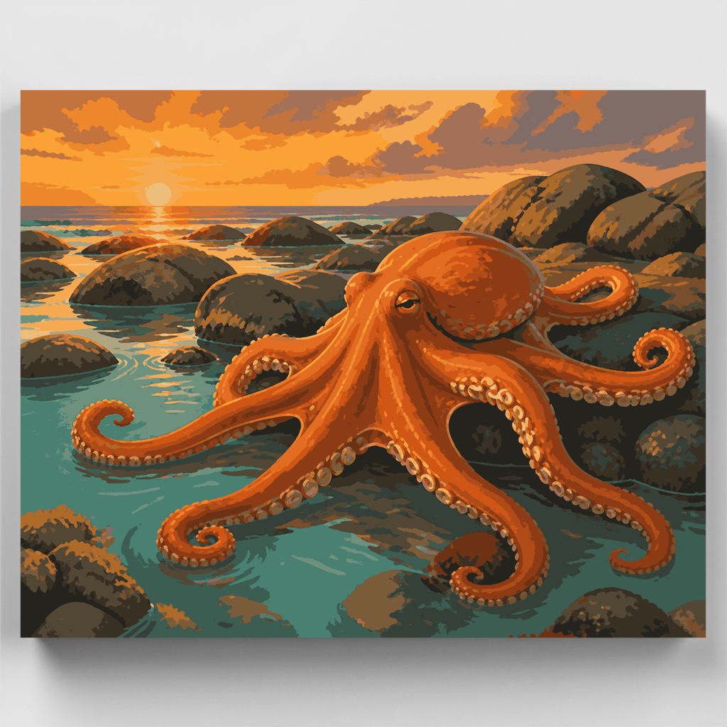 Kit de pintura por números: Pulpo en la poza de marea al atardecer — Estándar