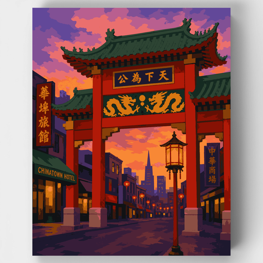 Kit de pintura por números - Puerta Paifang al crepúsculo — Estándar
