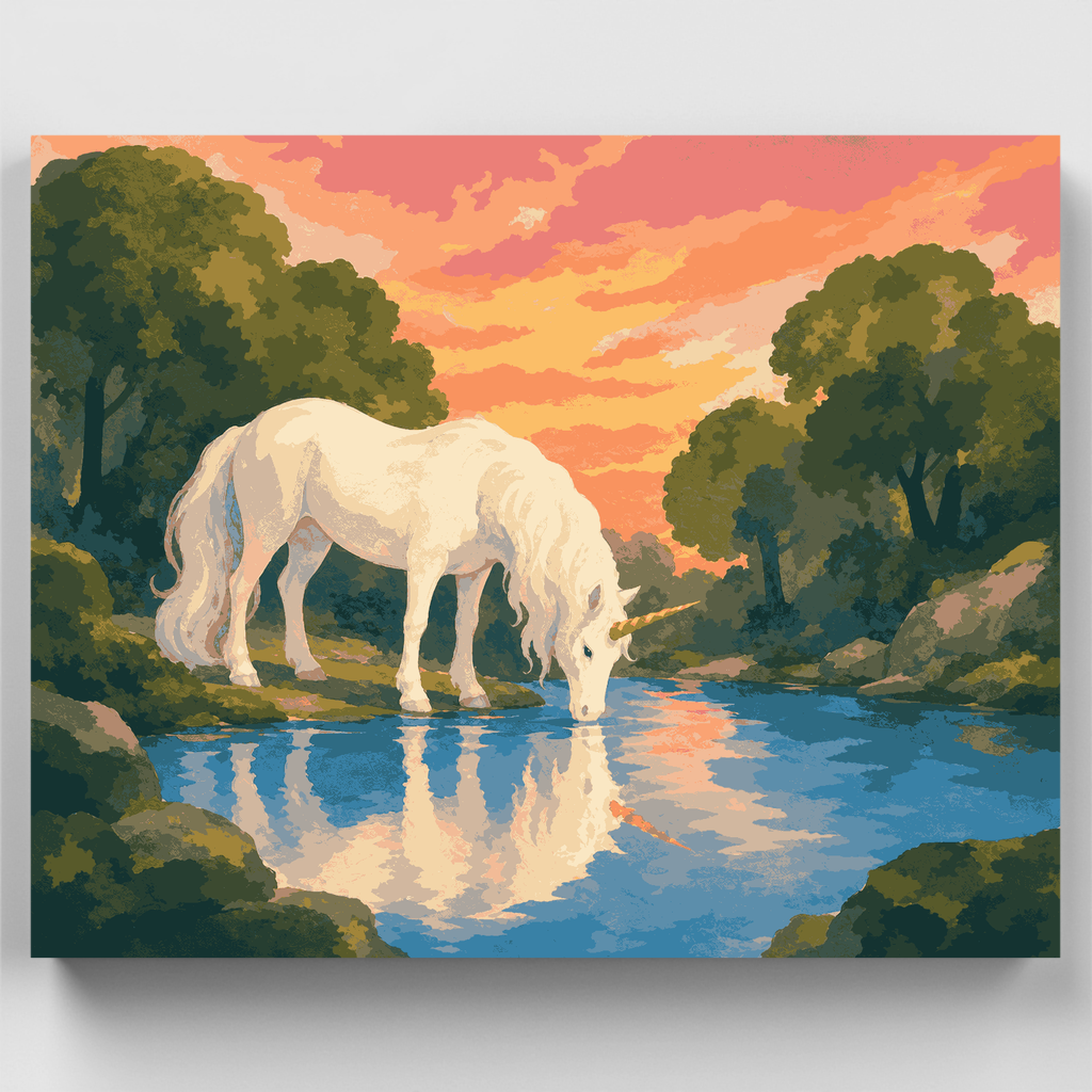 Kit de pintura por números: Unicornio en el río al atardecer — Estándar
