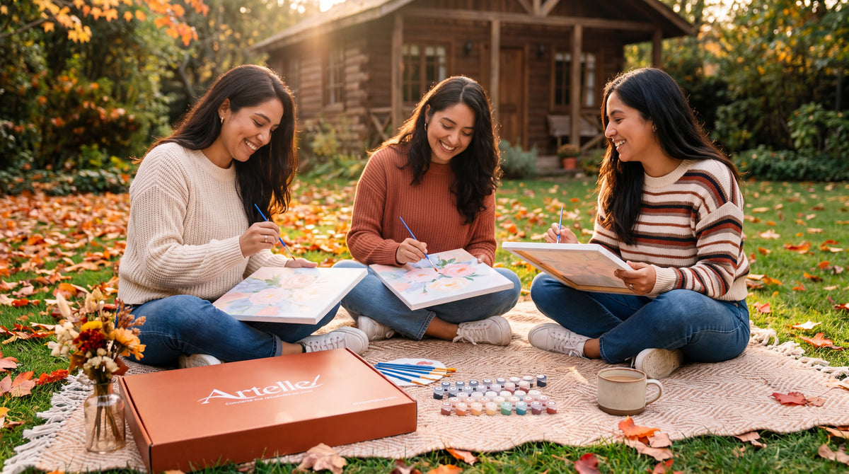Amigas pintando su kit Artelle en un picnic de otoño