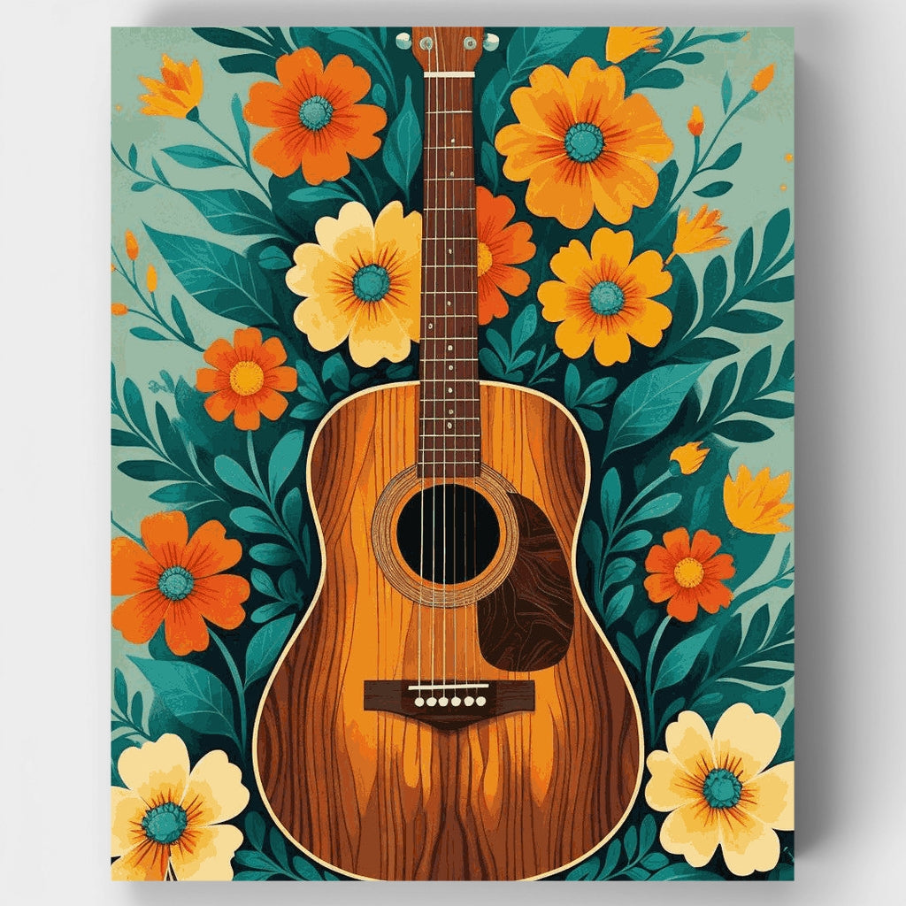 Guitarra acústica con flores naranjas - Kit de pintura por números — Estándar