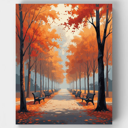 Autumn Tree-Lined Park Avenue with Benches - Paint by Numbers Kit
