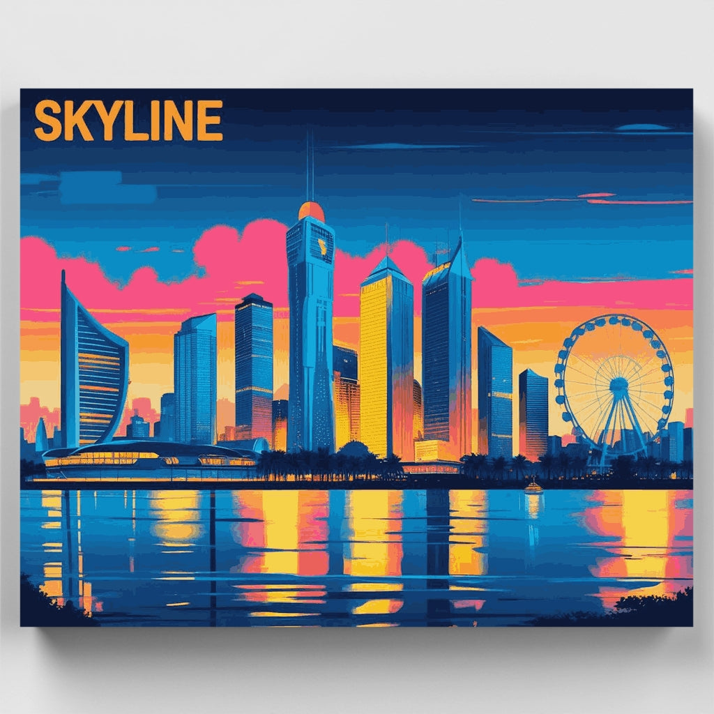 Kit de pintura por números: Paisaje urbano futurista reflejado — Estándar