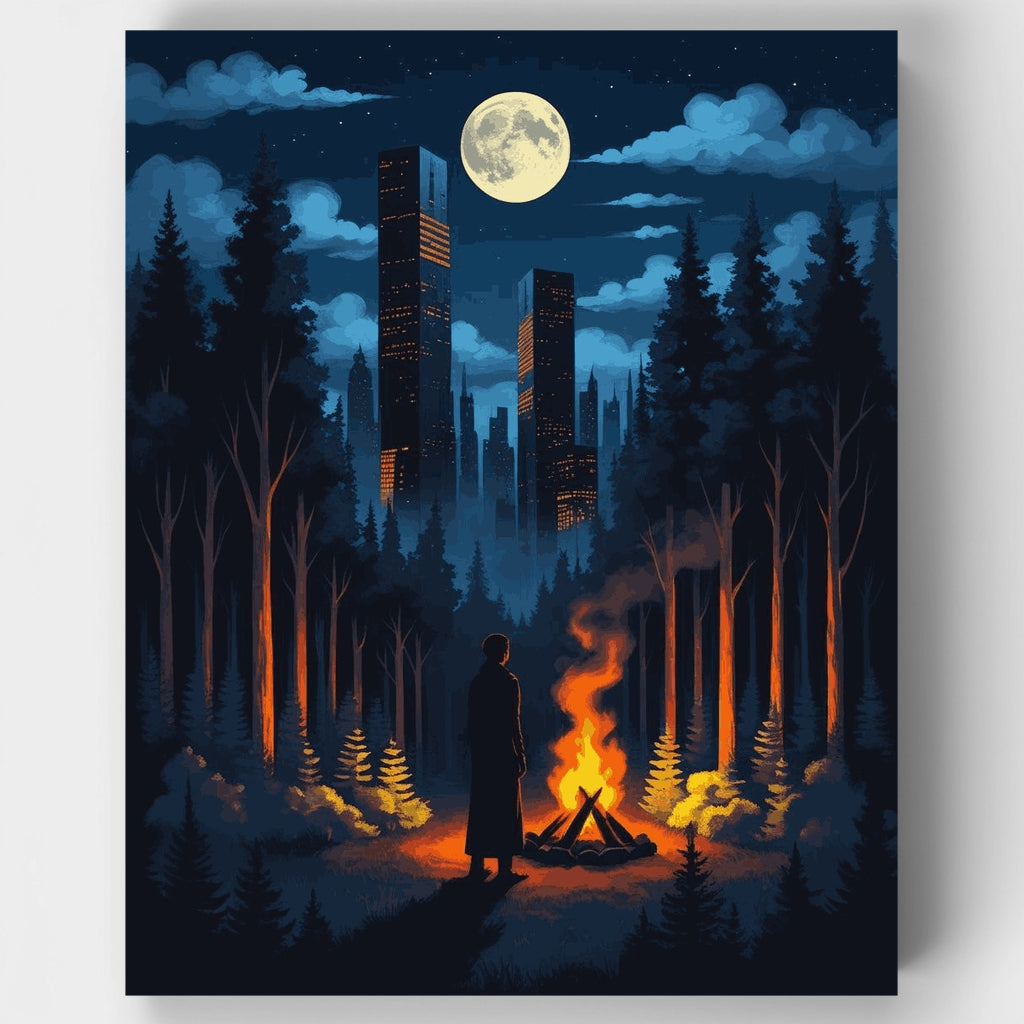 Kit de pintura por números: Fogata en un bosque a la luz de la luna con el horizonte de la ciudad — Estándar