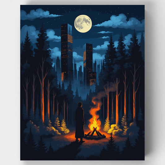Moonlit Forest Campfire with City Skyline - Paint by Numbers Kit