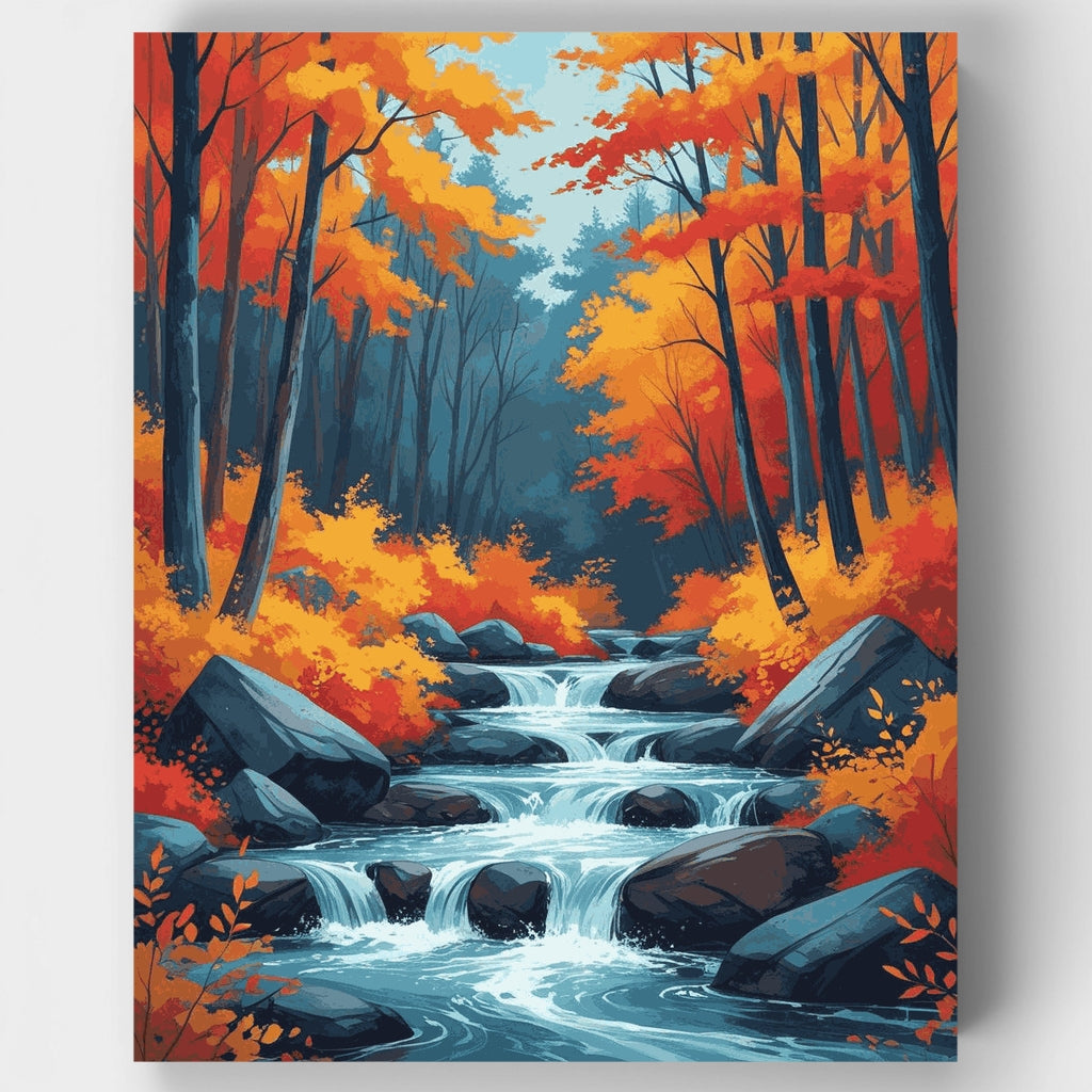 Kit de pintura por números: Cascada en el bosque otoñal — Estándar