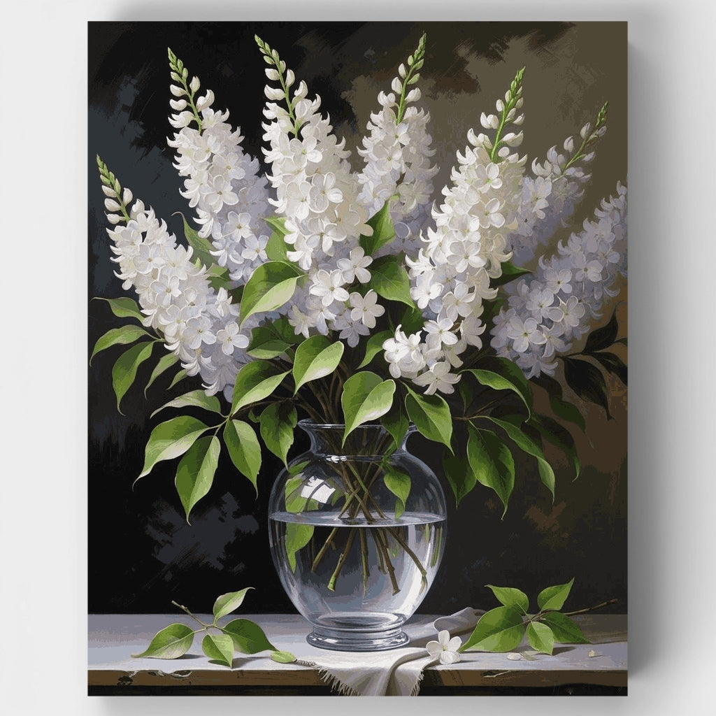 Lilas blancas en jarrón de cristal - Kit de pintura por números — Estándar