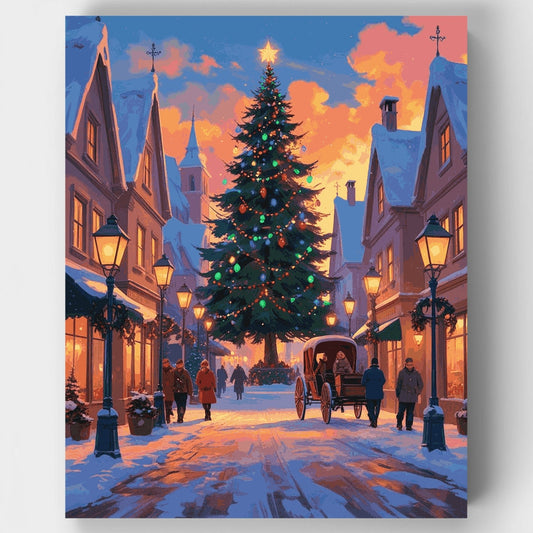 Christmas Village with Decorated Tree - Paint by Numbers Kit