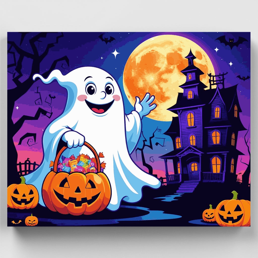 Fantasma de Halloween amistoso con cesta de dulces - Kit de pintura por números — Estándar