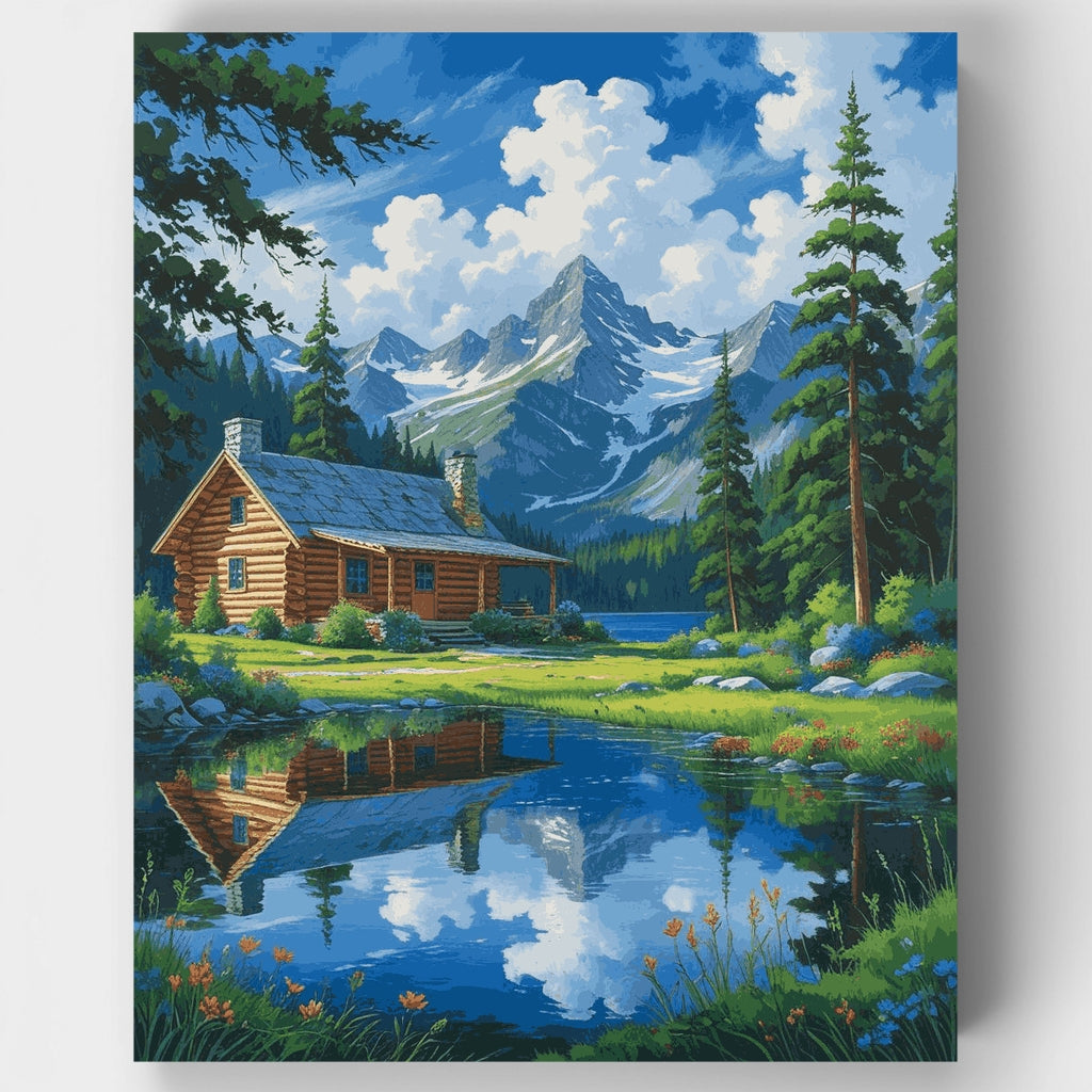 Kit de pintura por números - Reflejo de montaña en cabaña alpina — Estándar