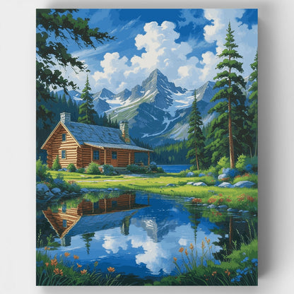 Alpine Log Cabin Mountain Reflection - Paint by Numbers Kit
