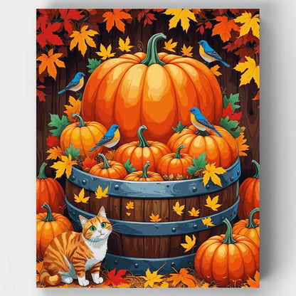 Autumn Harvest with Pumpkins and Cat - Paint by Numbers Kit