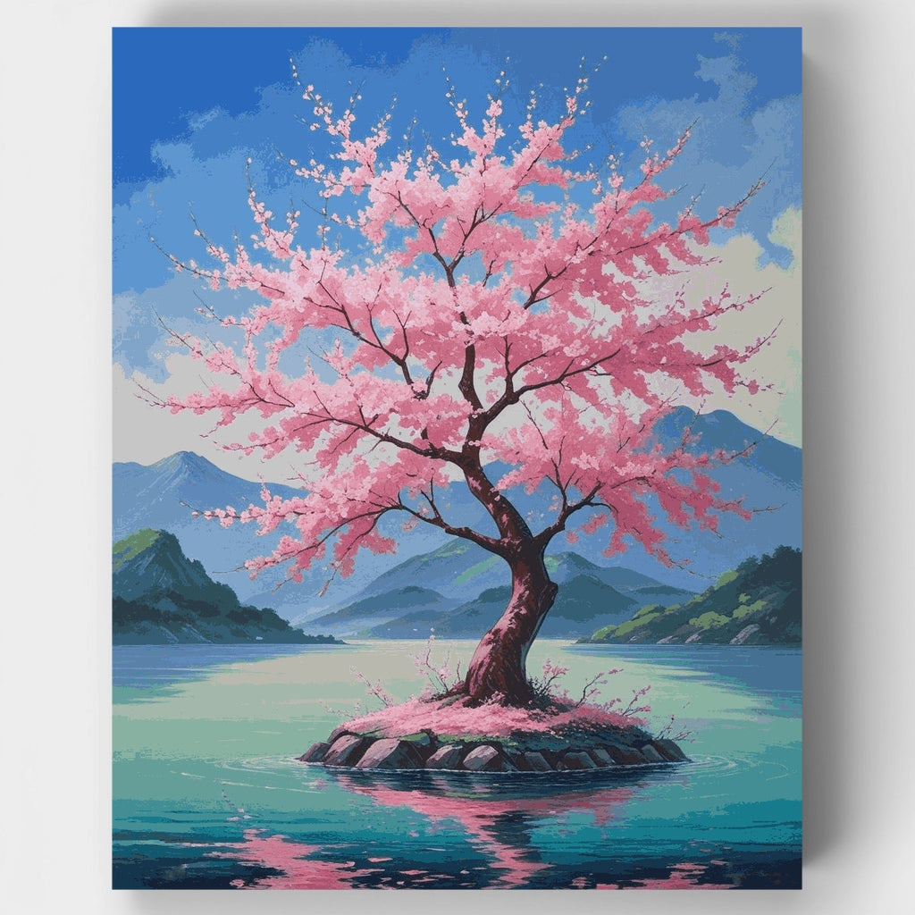 Cerezo en flor en Island Lake - Kit de pintura por números — Estándar