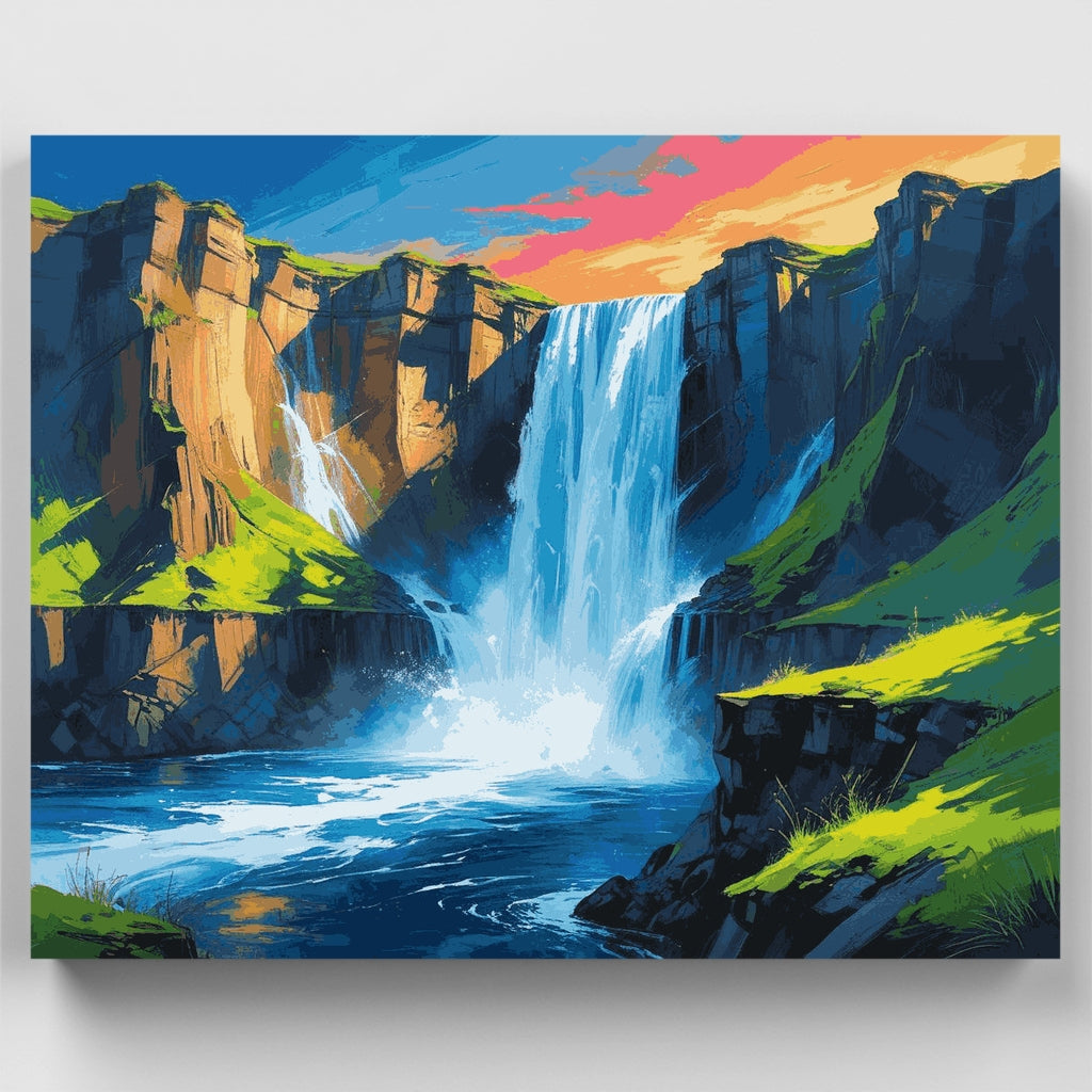 Cascada espectacular en el cañón al atardecer - Kit de pintura por números — Estándar