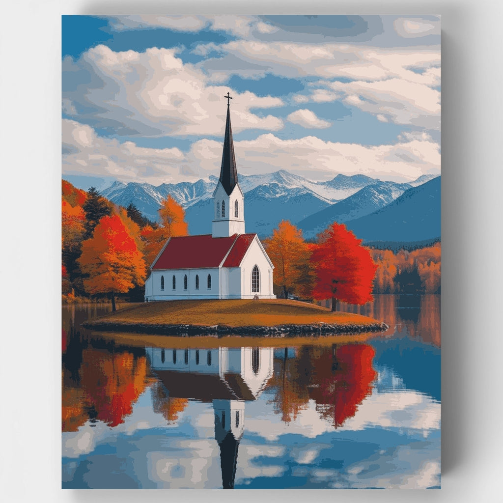 Capilla junto al lago en otoño - Kit de pintura por números — Estándar