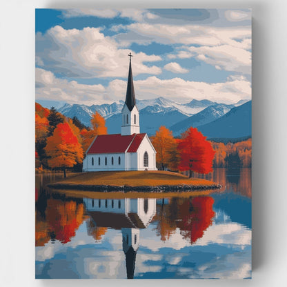 Lakeside Chapel in Autumn - Paint by Numbers Kit